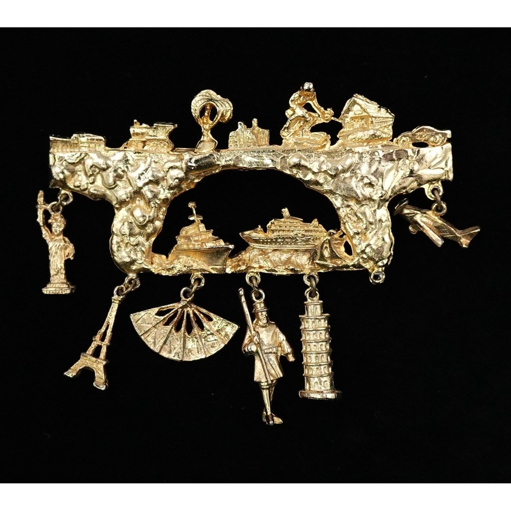 VTG Ultra Gold Tone Brooch 3D World Tour Landmark Charms Traveler‎ Statement